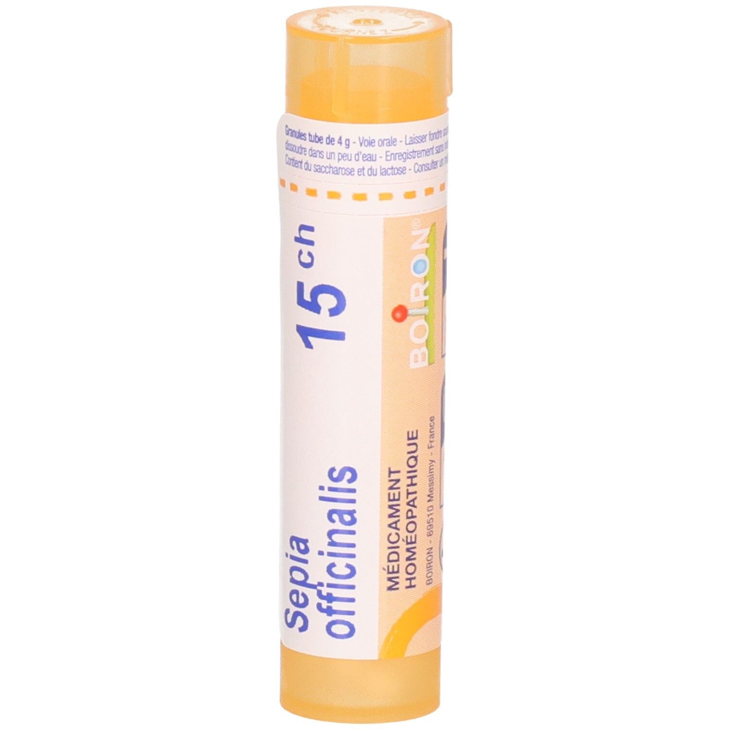 Tube de granules Boiron Sepia officinalis 15 ch. Tube jaune avec étiquette blanche et logo Boiron.