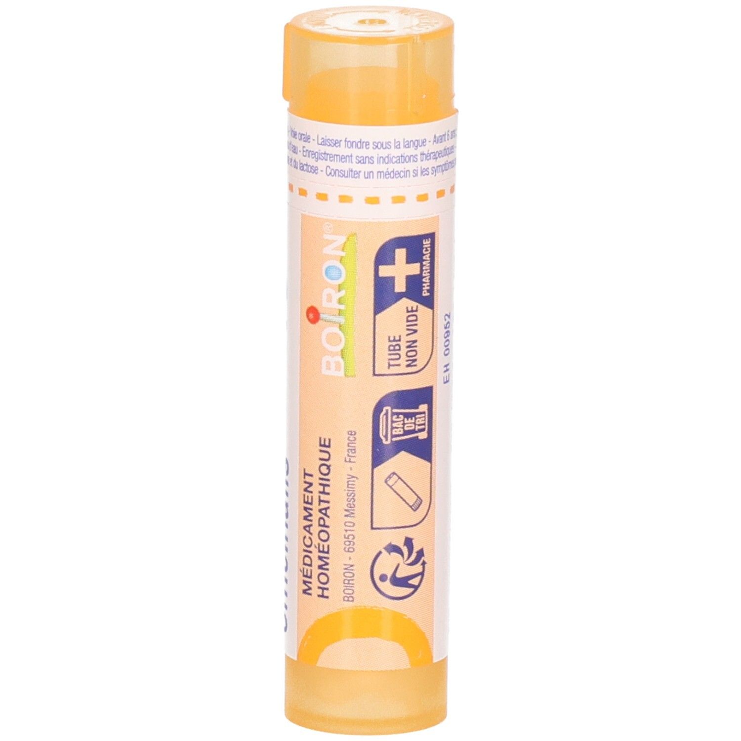 Tube de granules Boiron Sepia officinalis 15 ch. Tube jaune avec étiquette blanche, logo Boiron et symboles pharmaceutiques.