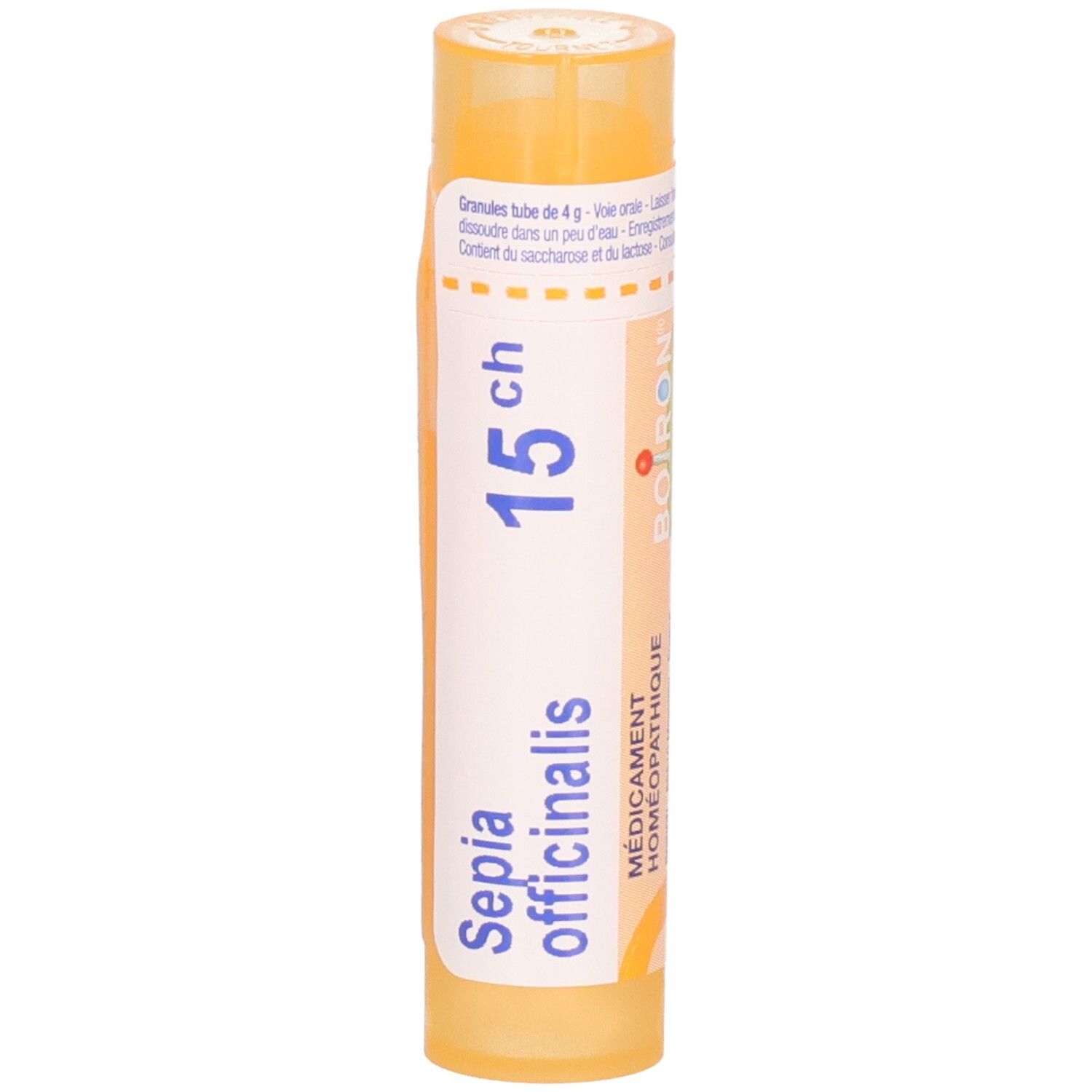 Tube de granules Boiron Sepia officinalis 15 ch. Tube jaune avec étiquette blanche et marquages bleus.