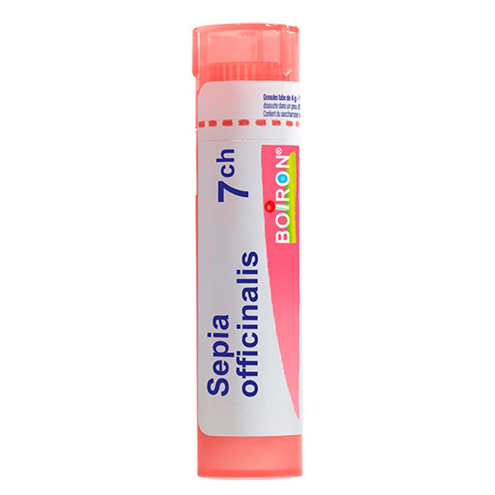 Tube Boiron Sepia officinalis 7 ch. Tube en plastique rose avec étiquette blanche.
