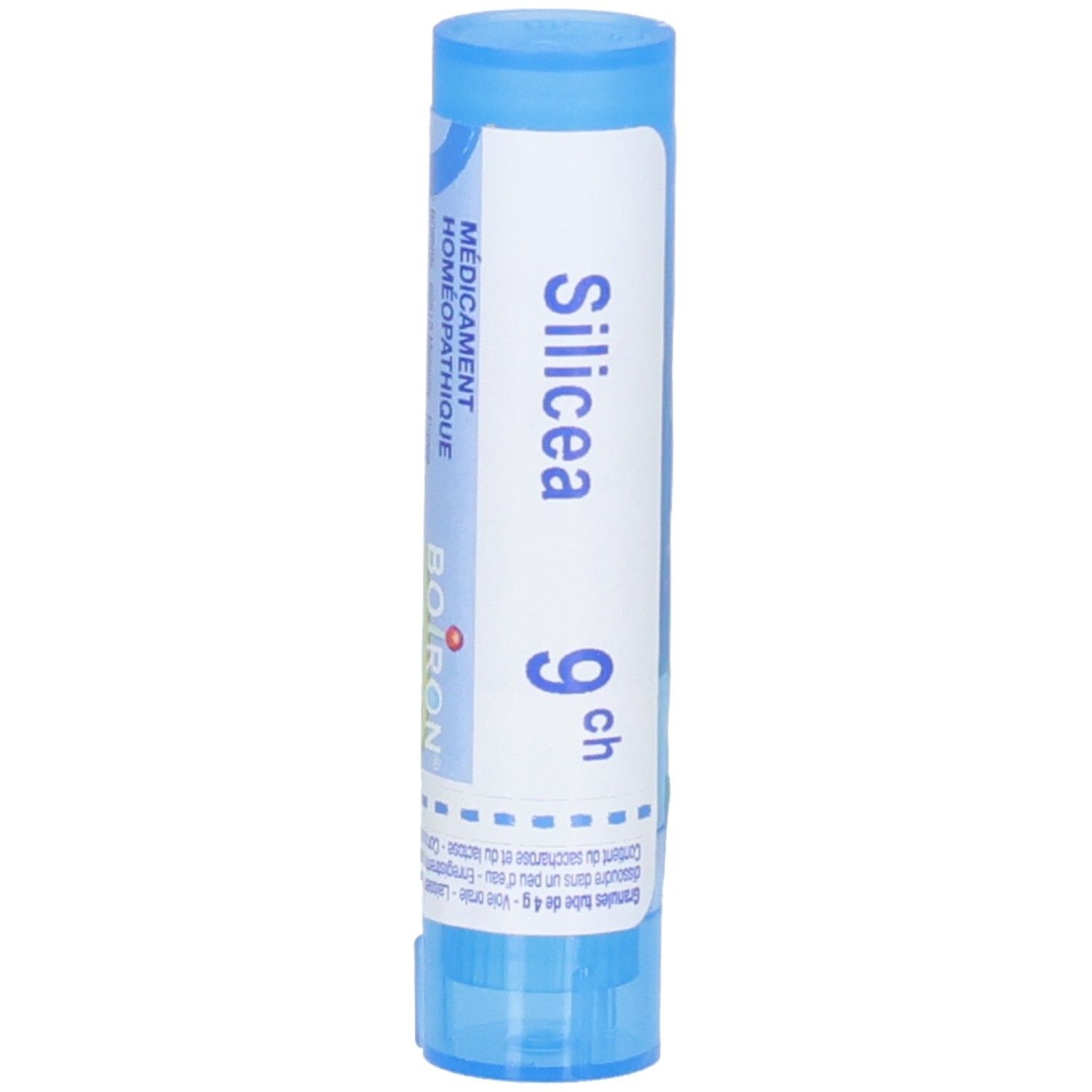 Tube bleu et blanc avec Silicea 9 ch et logo Boiron. Inscription: Médicament Homéopathique.