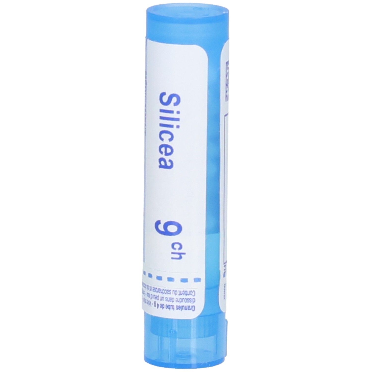 Tube bleu et blanc avec Silicea 9 ch. Inscription sur une étiquette blanche.