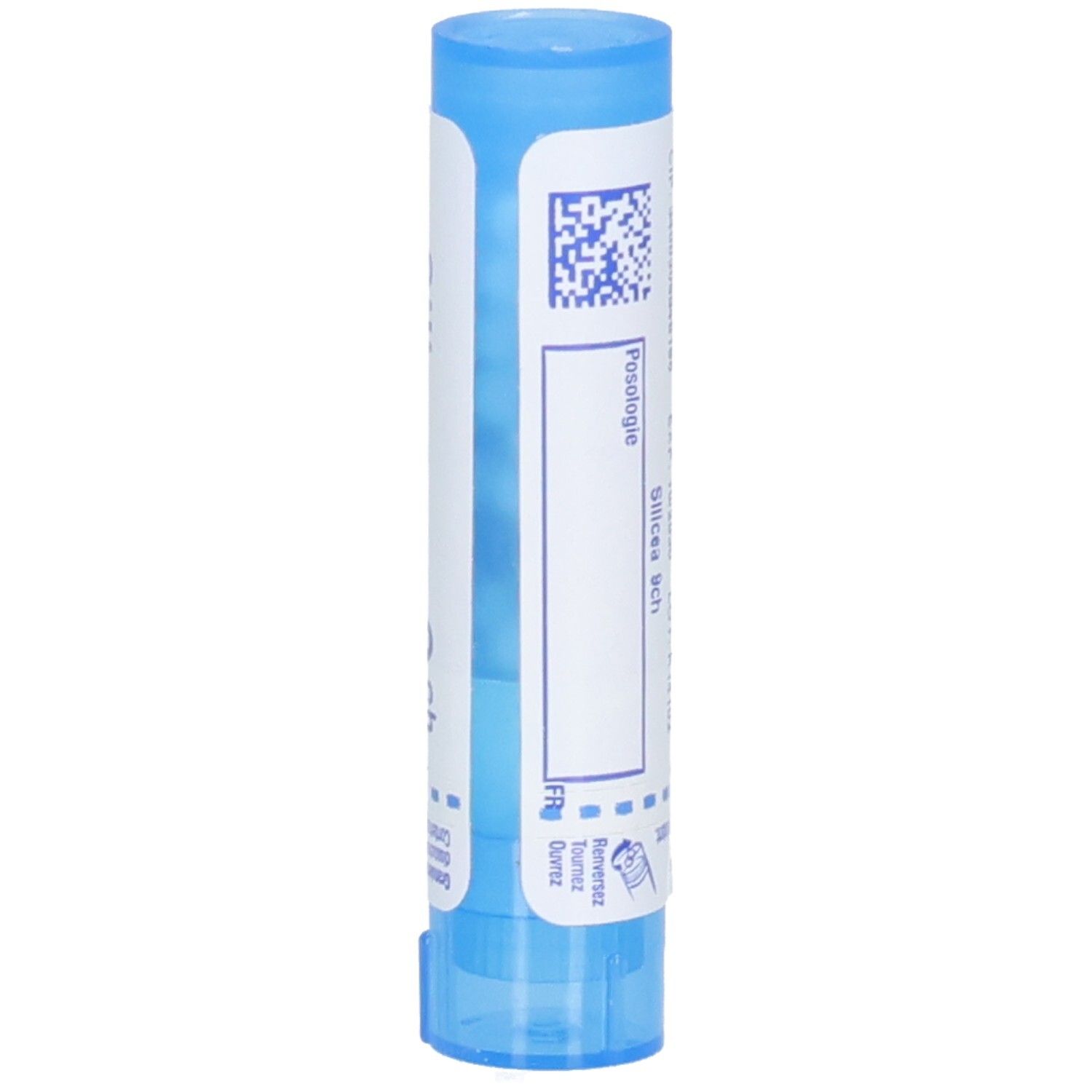 Tube bleu et blanc. Inscription: Silicea 9 ch. Contient un code QR et d'autres informations.