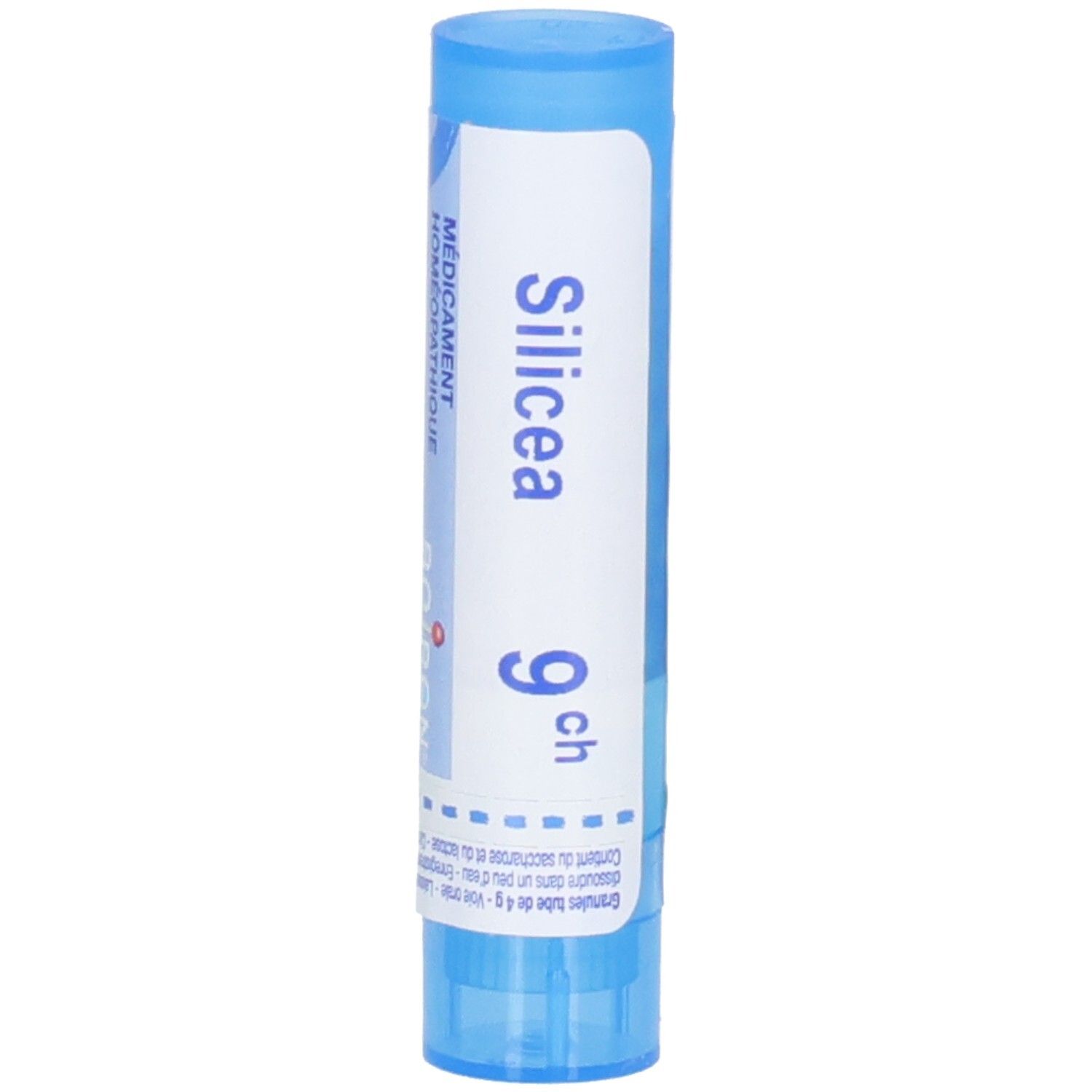 Tube bleu et blanc avec Silicea 9 ch. Inscription: Médicament Homéopathique.