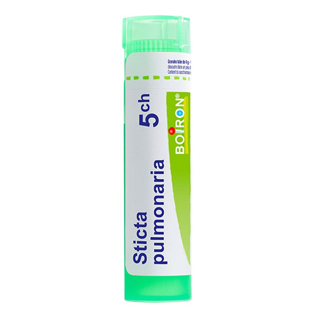 Boiron Sticta pulmonaria 5 ch granules dans un tube en plastique vert.