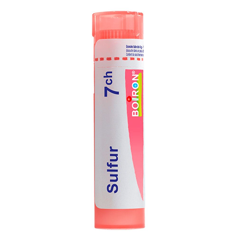 Tube de granules Boiron Sulfur 7 ch avec capuchon et étiquette roses.