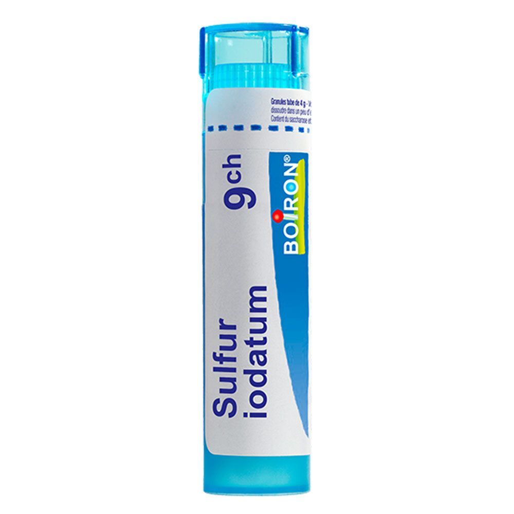 Boiron Sulfur iodatum 9 ch Tube de granules. Bouchon bleu, étiquette blanche avec texte bleu.