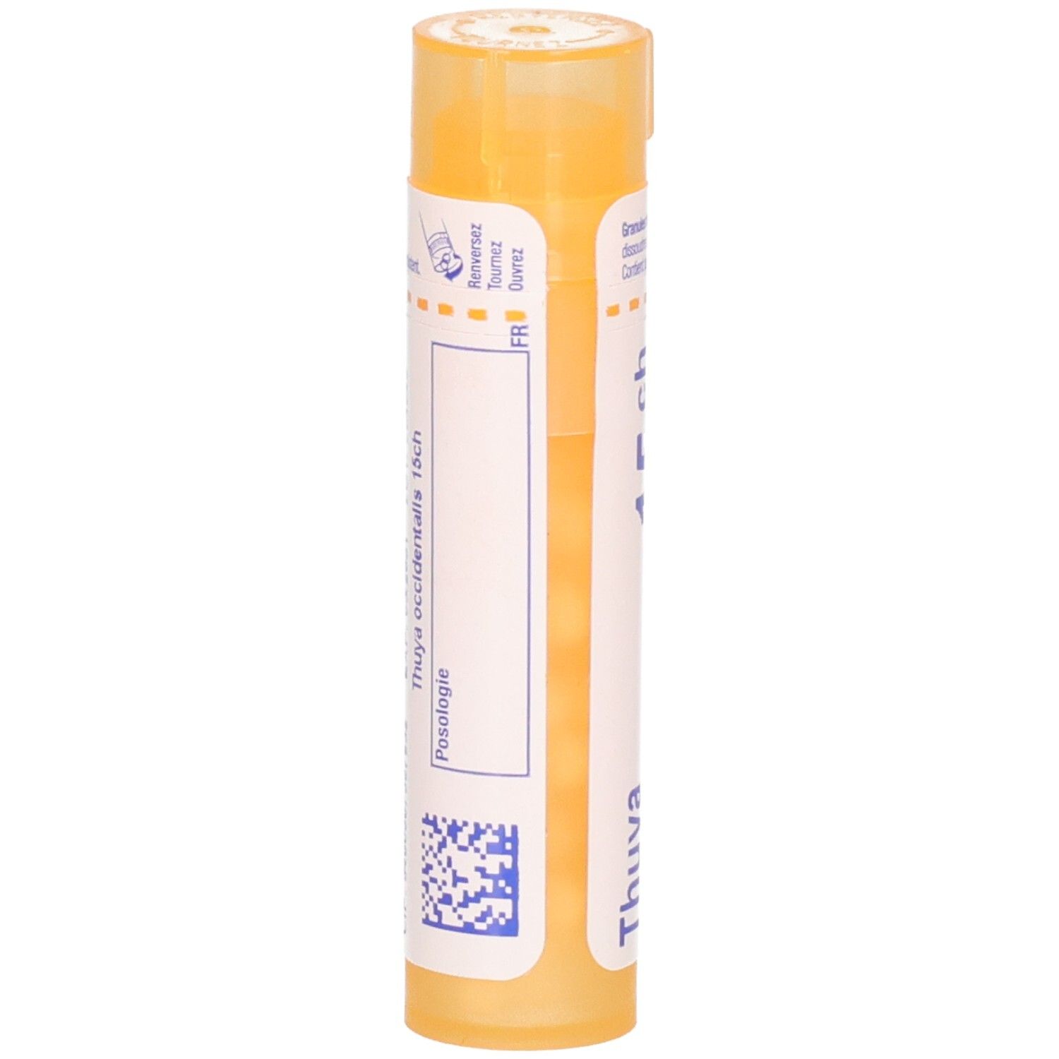 Tube orange de granules, verso avec instructions de dosage.