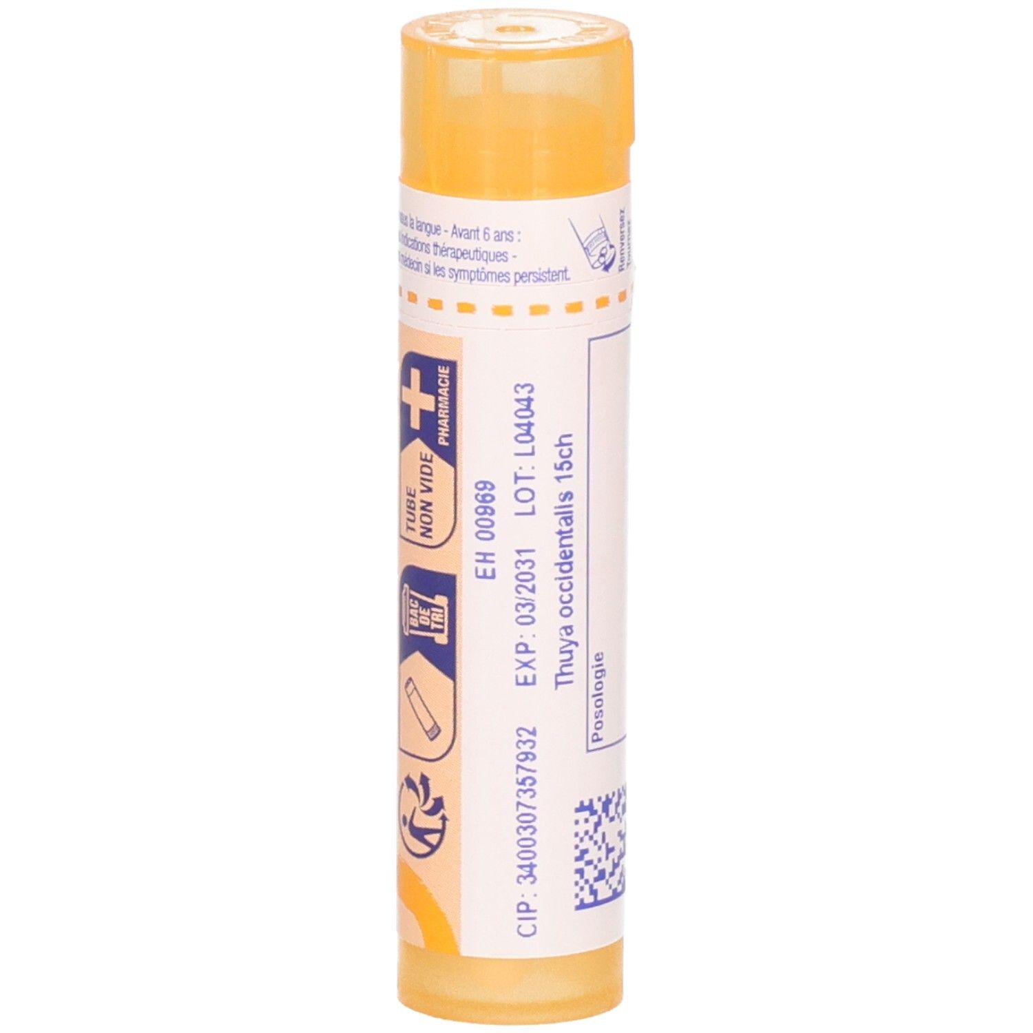 Tube orange de granules, étiquette avec date d'expiration et numéro de lot.