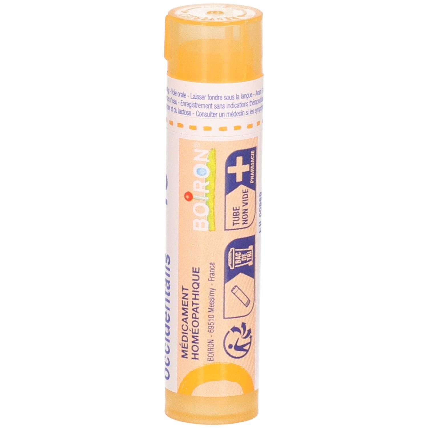 Tube orange de granules, étiquette : Boiron, Médicament Homéopathique.