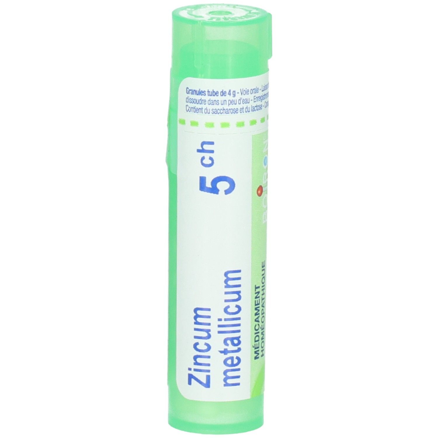 Tube vert contenant des granules de Zincum metallicum 5ch. Étiquetage en français et allemand.