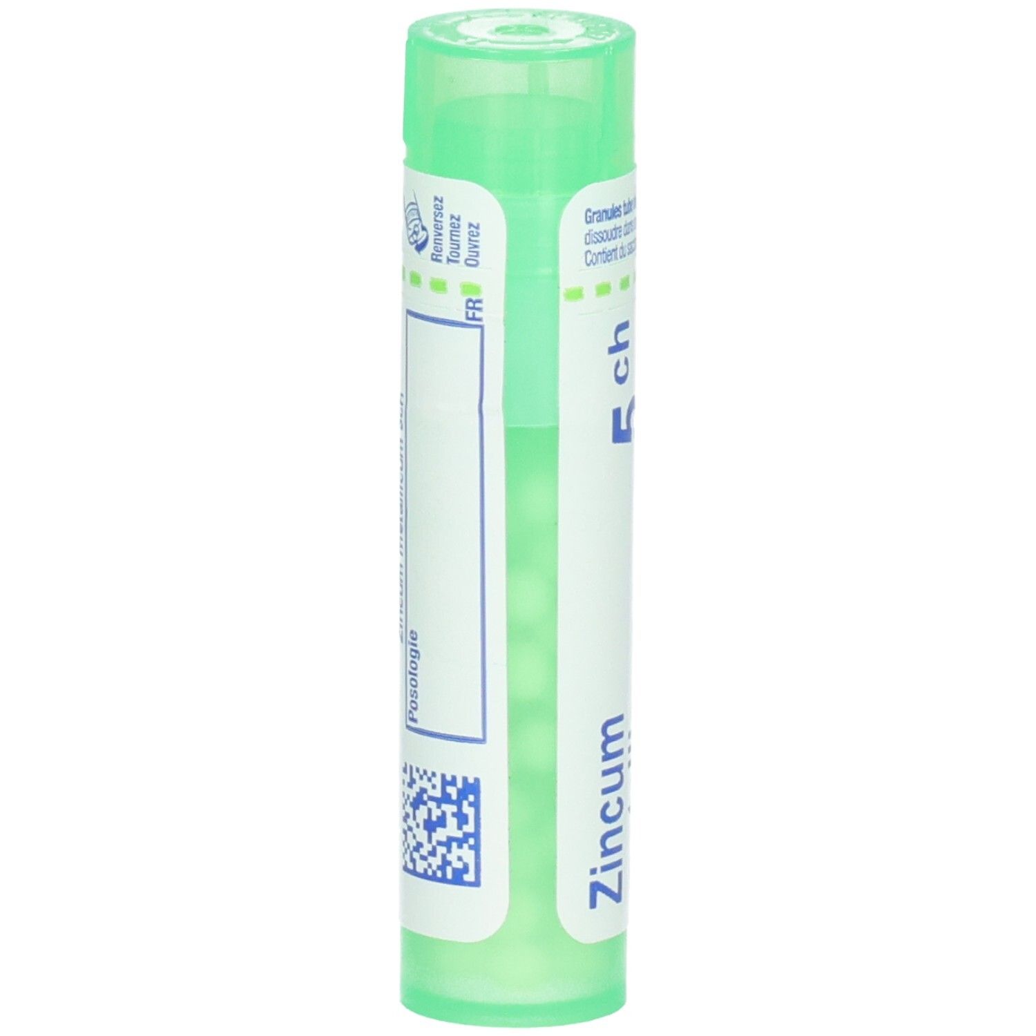 Tube vert avec granules de Zincum metallicum 5ch. Dos avec code QR et étiquetage.