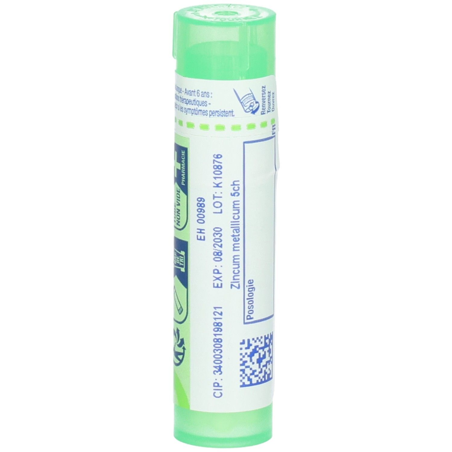 Tube vert avec granules de Zincum metallicum 5ch. Dos avec date d'expiration et numéro de lot.