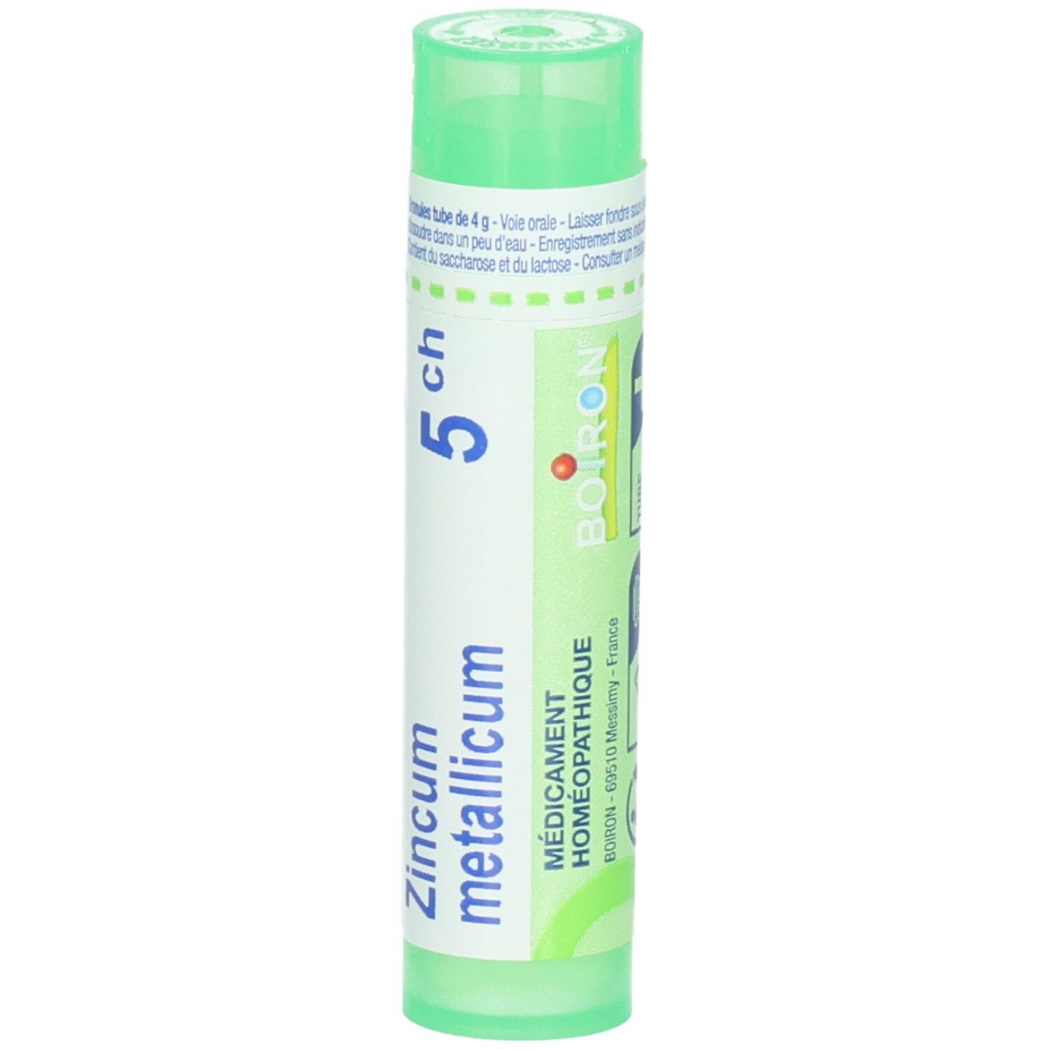 Tube vert avec granules de Zincum metallicum 5ch. Étiquetage avec logo Boiron et informations fabricant.