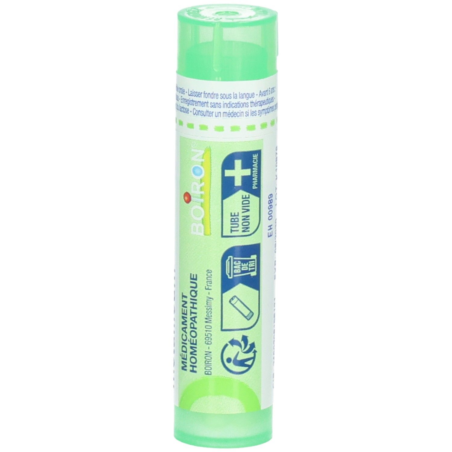 Tube vert avec granules de Zincum metallicum 5ch. Dos avec instructions d'utilisation et logo Boiron.