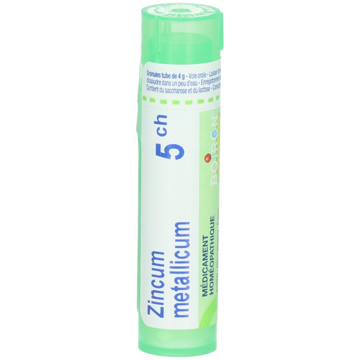 Tube vert avec granules de Zincum metallicum 5ch. Face avant avec étiquetage et logo Boiron.