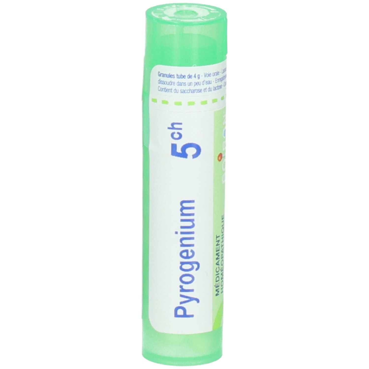 Tube vert avec inscription "Pyrogenium 5ch" et "Boiron".