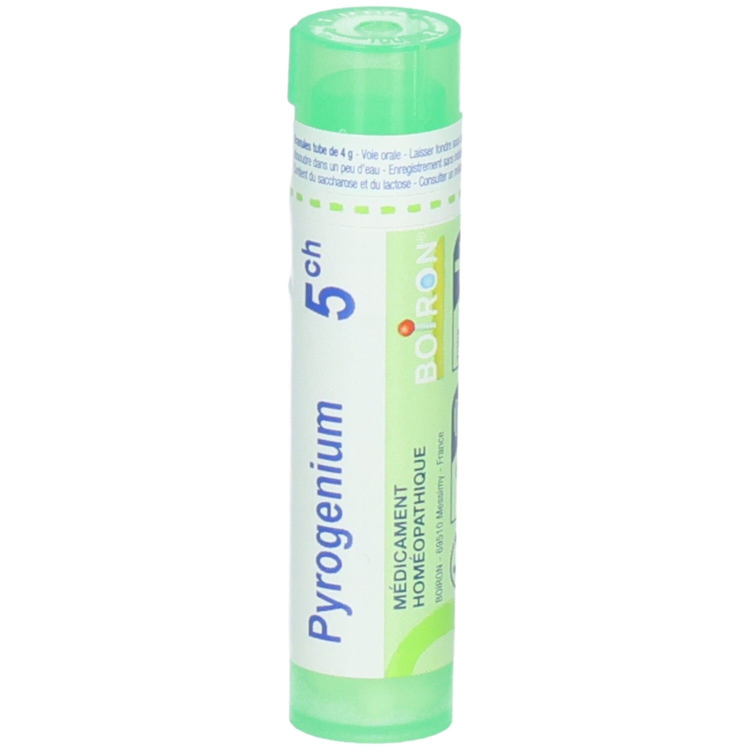 Tube vert avec "Pyrogenium 5ch", "Boiron" et "Médicament Homéopathique".