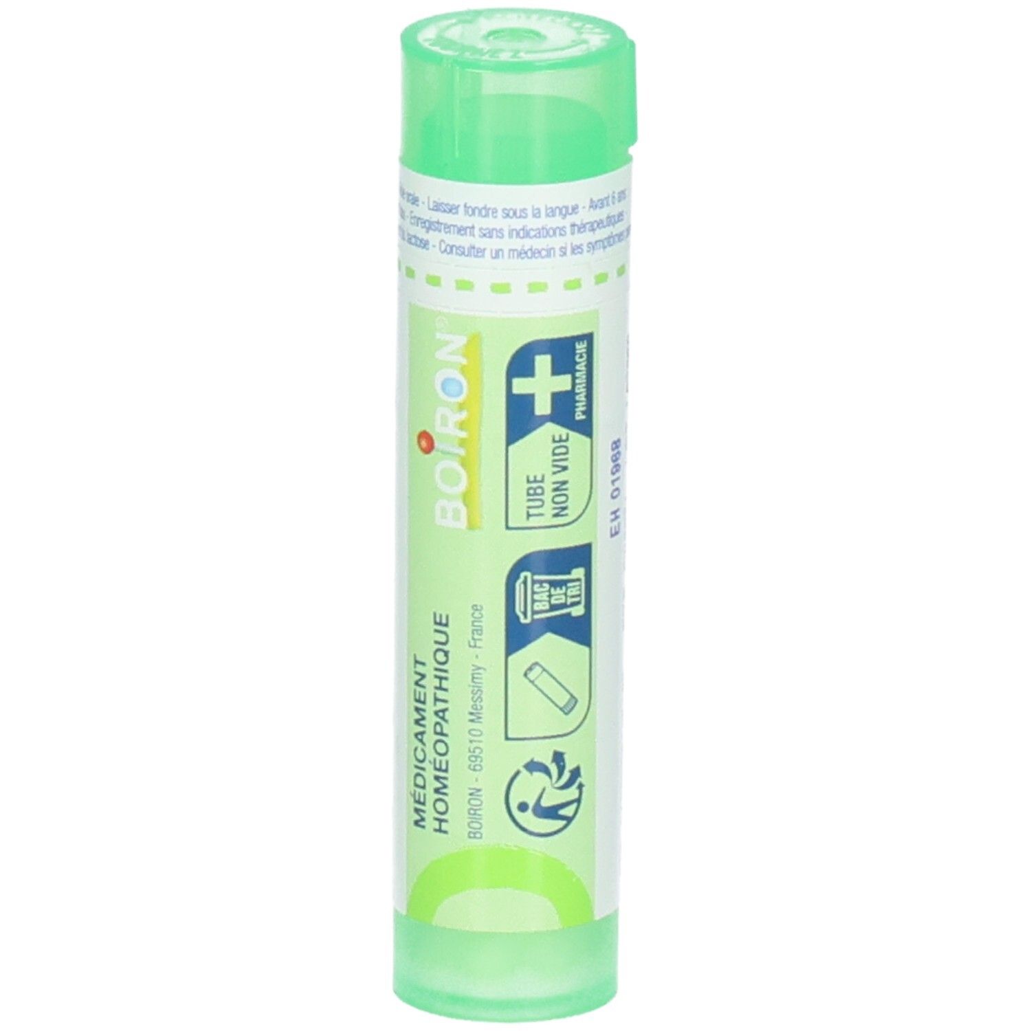 Tube vert avec "Boiron", "Tube Non Vide" et "Médicament Homéopathique".