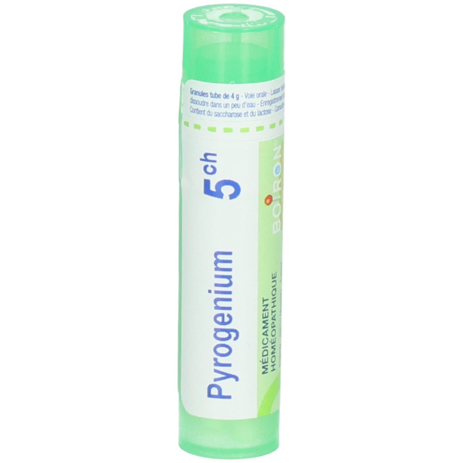 Tube vert avec "Pyrogenium 5ch", "Boiron" et "Médicament Homéopathique".