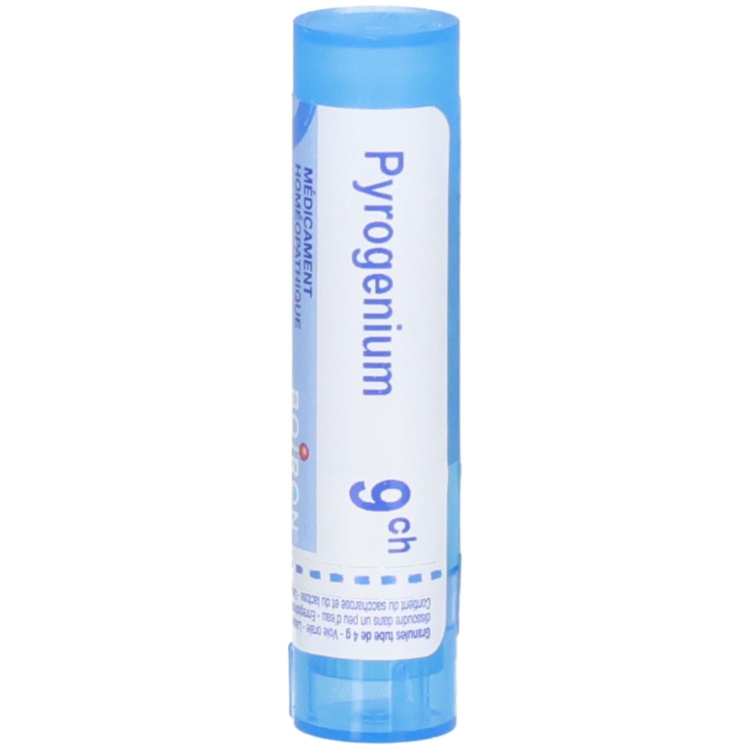 Boiron Pyrogenium 9 ch : Tube bleu avec étiquette blanche indiquant le nom du produit et la puissance.