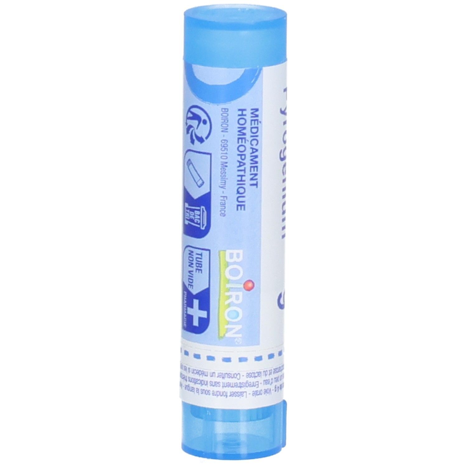 Boiron Pyrogenium 9 ch : Tube bleu avec étiquette blanche, logo Boiron et symboles homéopathiques.