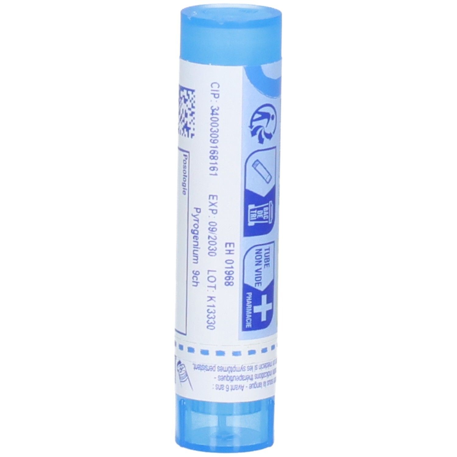 Boiron Pyrogenium 9 ch : Arrière du tube bleu avec numéro de lot, date d'expiration et code-barres.