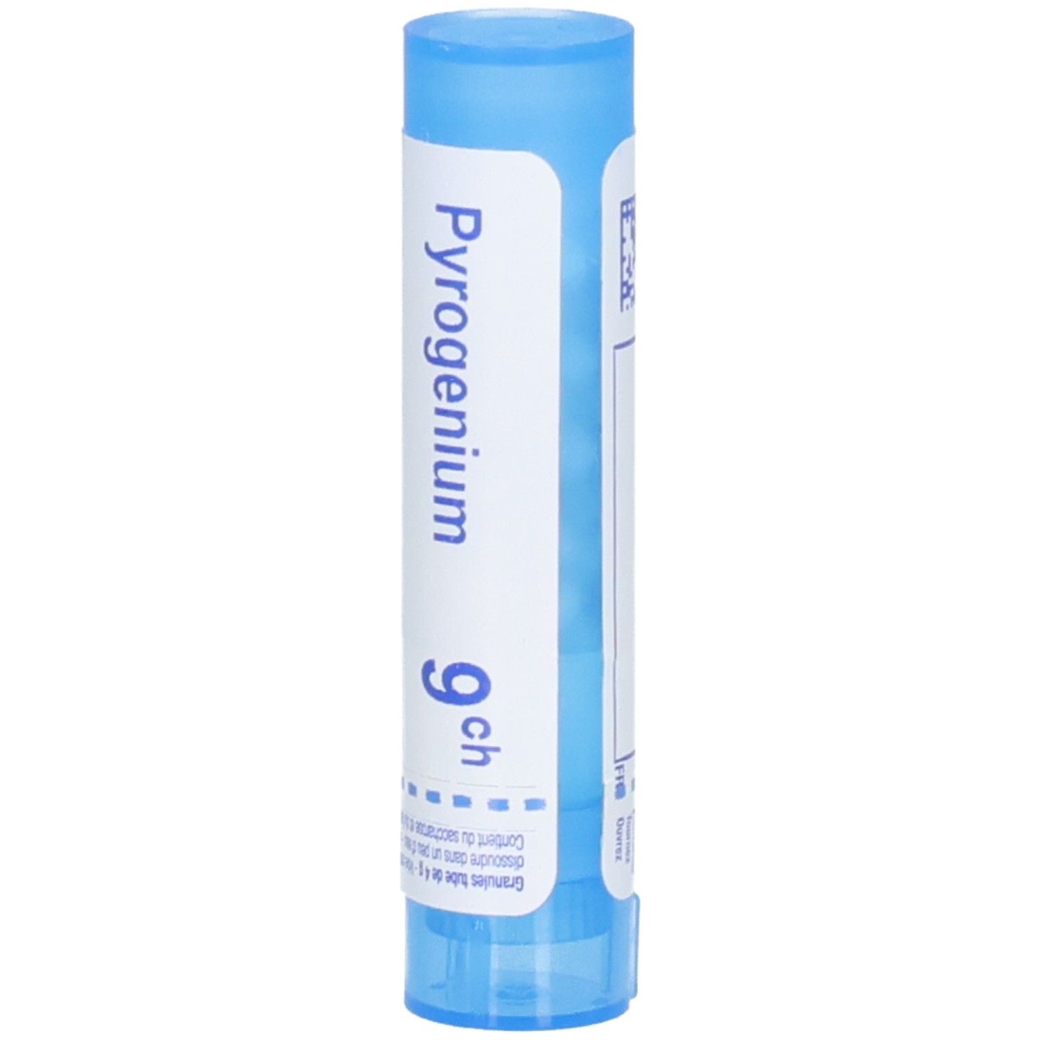 Boiron Pyrogenium 9 ch : Tube bleu avec étiquette blanche indiquant le nom du produit et la puissance.