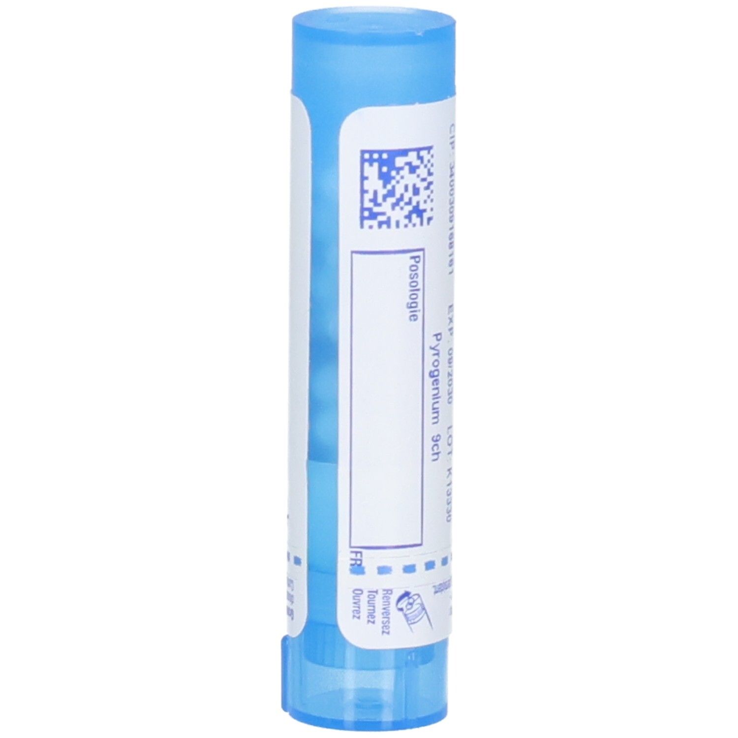 Boiron Pyrogenium 9 ch : Côté du tube bleu avec informations sur la posologie et l'administration.