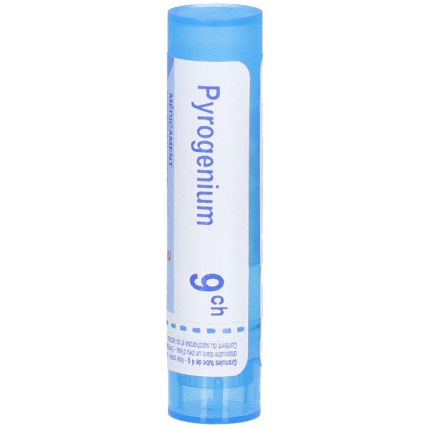 Boiron Pyrogenium 9 ch : Tube bleu avec étiquette blanche indiquant le nom du produit et la puissance.