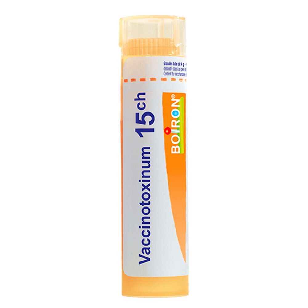 VACCINOTOXINUM BOIRON 15CH Tube de granules. Emballage orange et blanc.