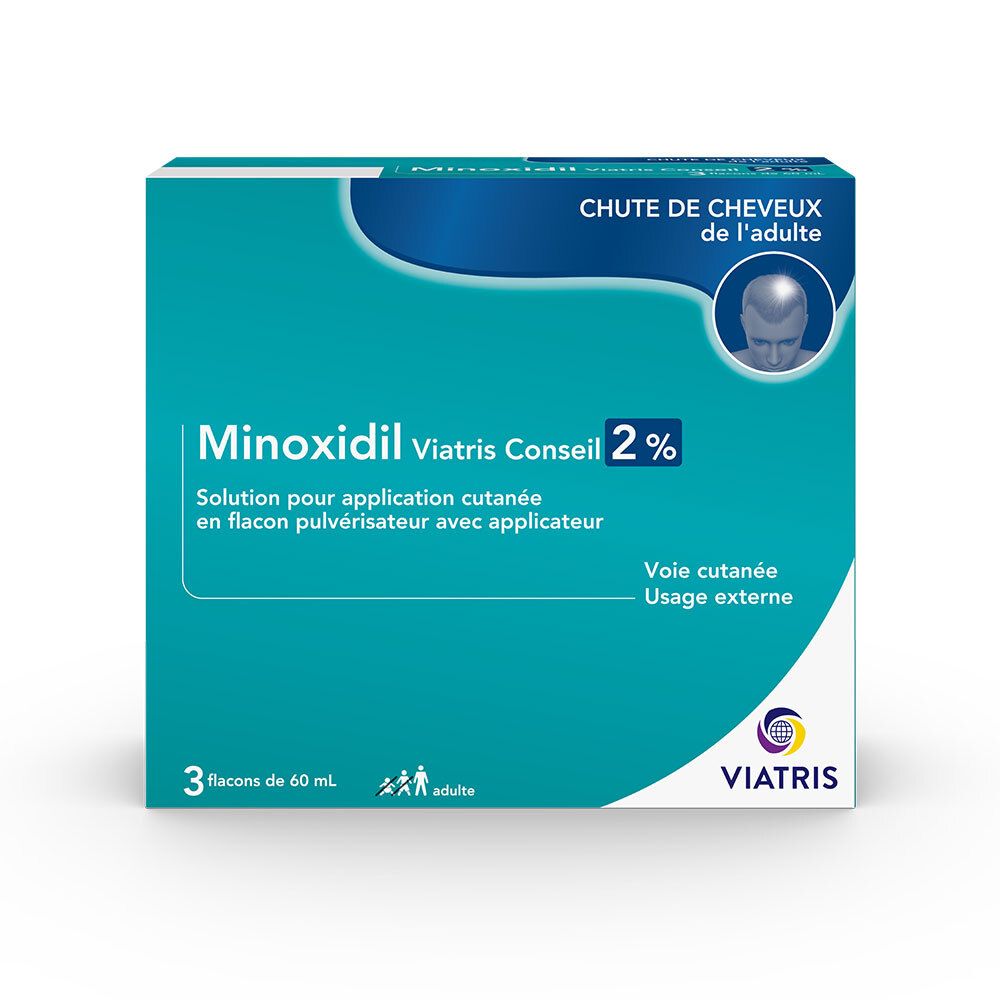 Boîte de Minoxidil Viatris Conseil 2%. 3 flacons. Emballage bleu et blanc. Pour adultes.