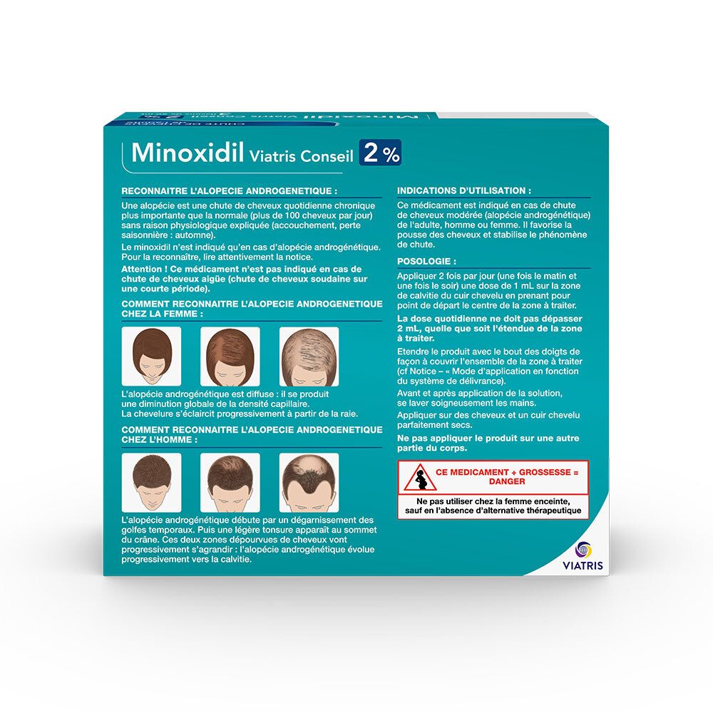 Dos de la boîte avec informations sur Minoxidil Viatris Conseil 2%. Texte en français.