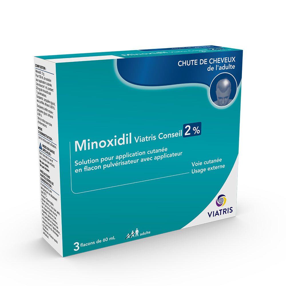 Boîte de Minoxidil Viatris Conseil 2%. 3 flacons. Emballage bleu et blanc. Pour adultes.