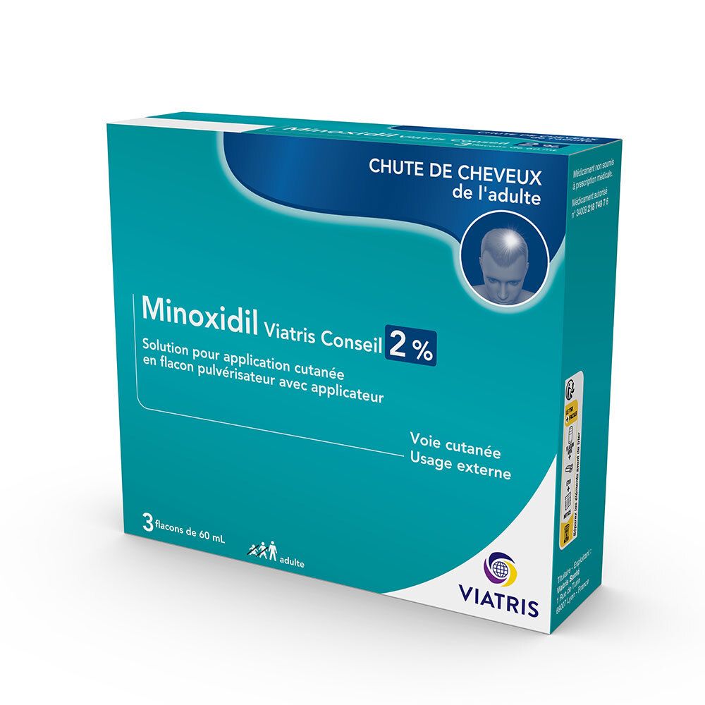 Boîte de Minoxidil Viatris Conseil 2%. 3 flacons. Emballage bleu et blanc. Pour adultes.
