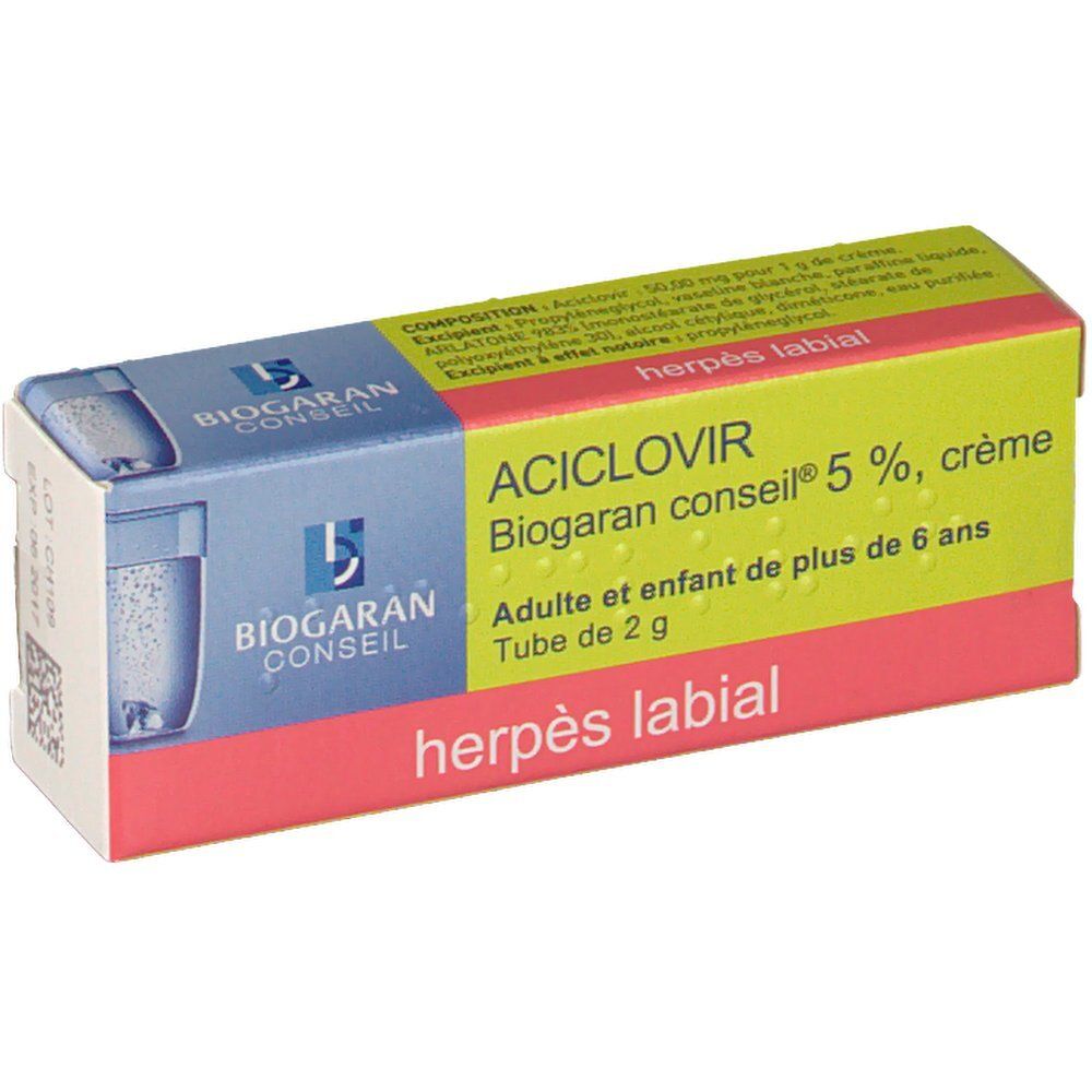 Boîte de crème Aciclovir 5%. Inscription: Biogaran Conseil, Tube de 2 g, pour adultes et enfants de plus de 6 ans. Contre l'herpès labial.