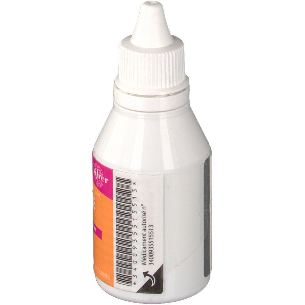 Flacon blanc avec bouchon compte-gouttes. Étiquette avec code-barres et texte. Nom du produit illisible.