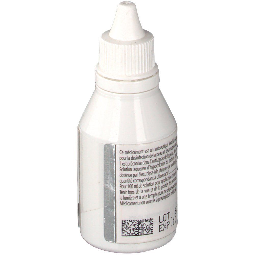 Flacon blanc avec bouchon compte-gouttes. Étiquette avec texte. Nom du produit illisible.