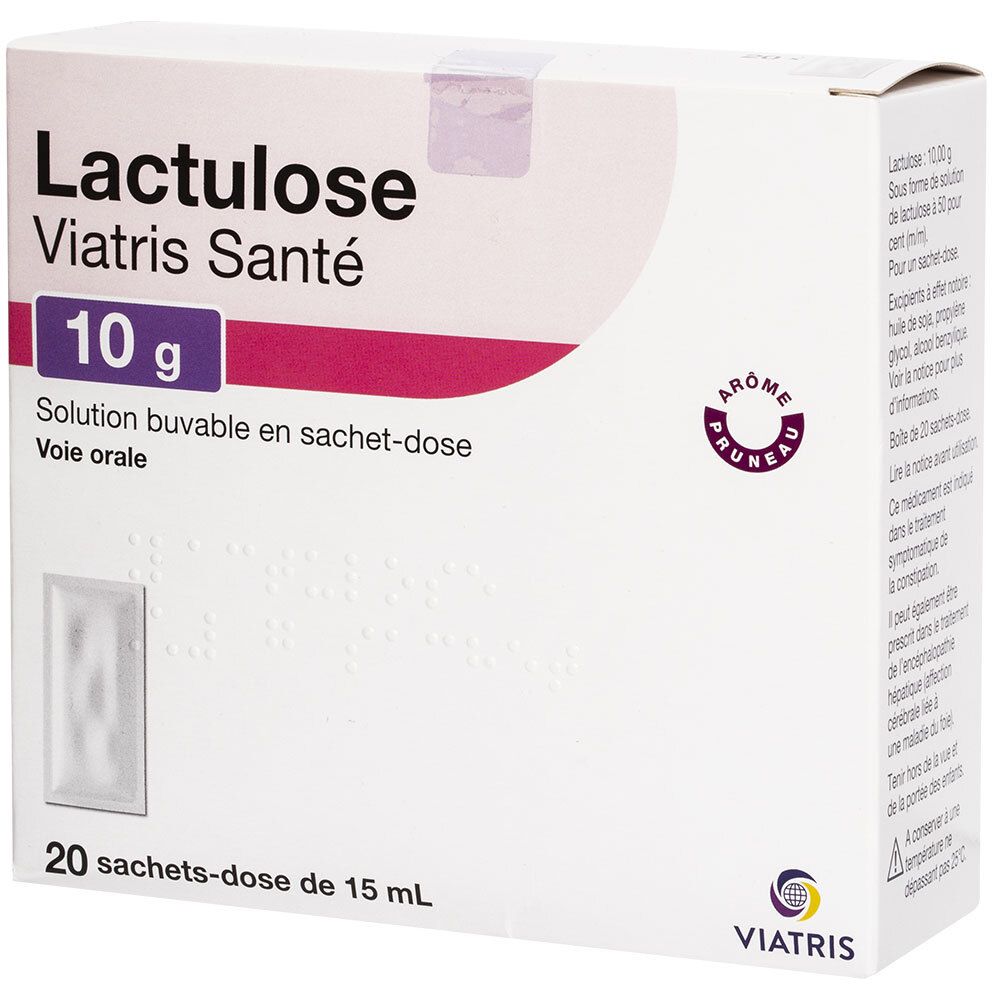 Boîte Lactulose Viatris Santé, 10g, solution buvable en sachets. 20 sachets, goût prune.