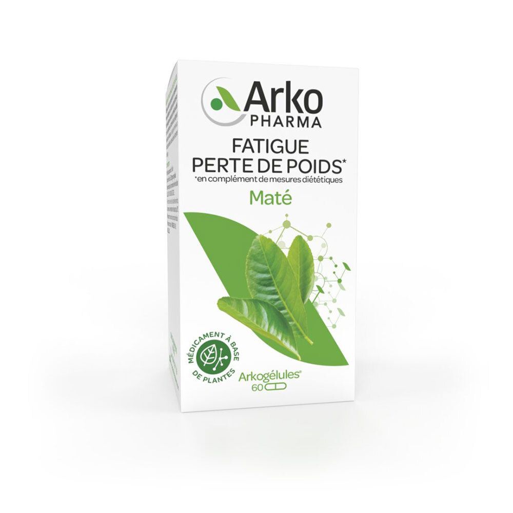 Boîte blanche Arkopharma. Texte: Fatigue, perte de poids, Maté, Arkogélules. 60 gélules. Décor vert et feuilles de maté.