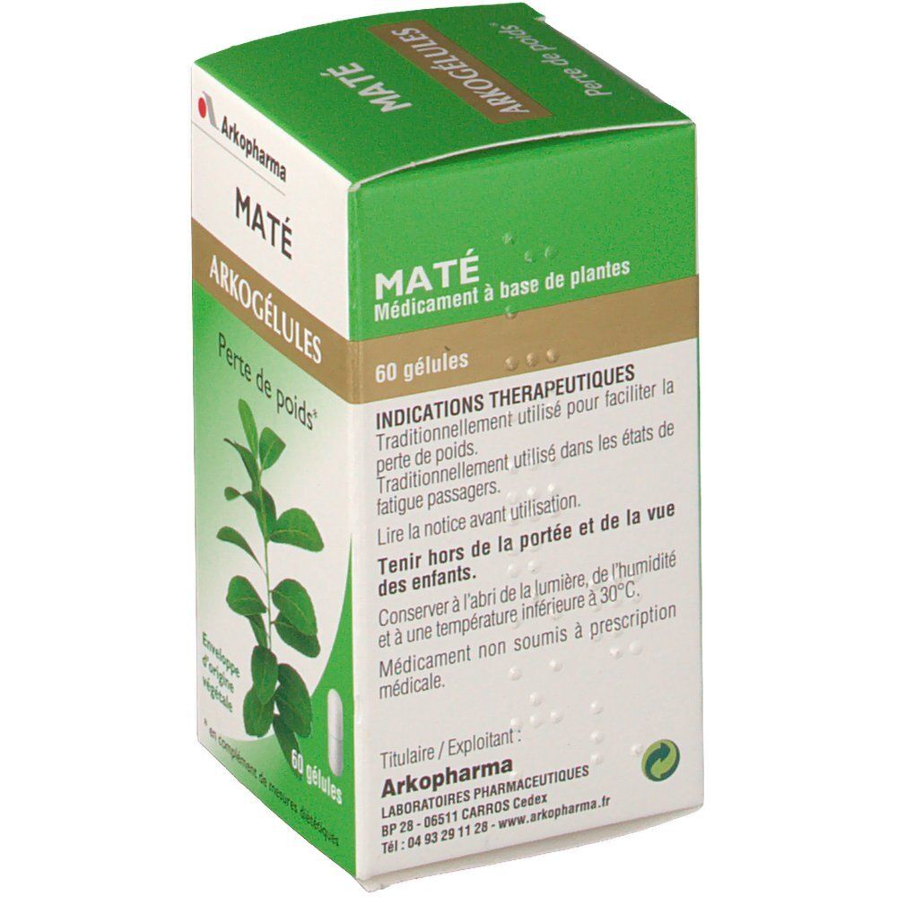 Boîte verte et blanche avec nom et logo du produit. Contient 60 gélules. Texte: Maté, Arkogélules, Perte de poids.