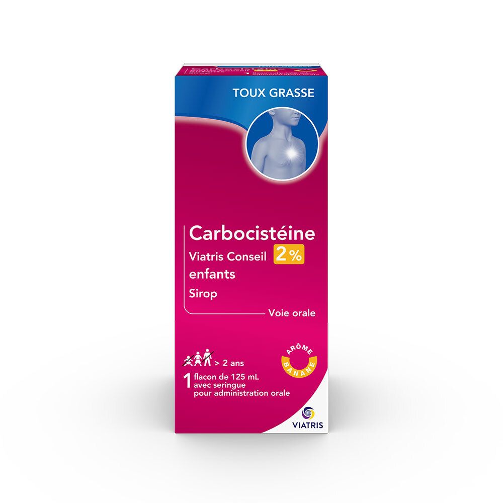 Boîte de Carbocistéine Viatris Conseil 2% enfants Sirop. Contient un flacon de 125 ml avec seringue. Pour enfants de plus de 2 ans.