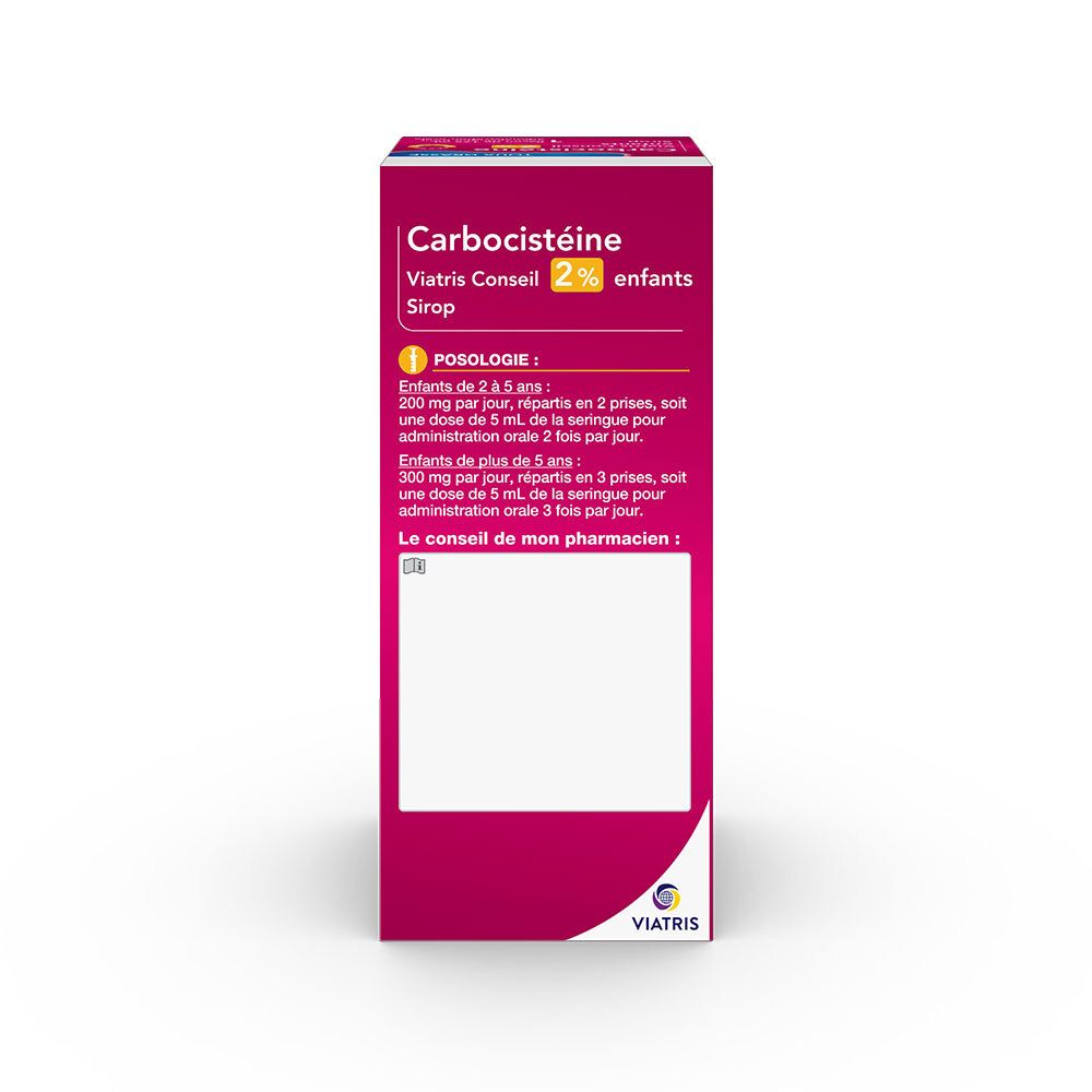 Dos de la boîte de Carbocistéine Viatris Conseil 2% enfants Sirop. Informations de dosage. Logo Viatris.