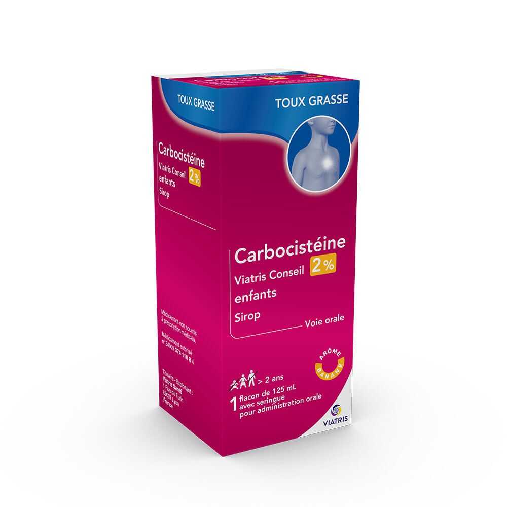 Vue en biais de la boîte de Carbocistéine Viatris Conseil 2% enfants Sirop. Flacon de 125 ml avec seringue. Pour enfants de plus de 2 ans.