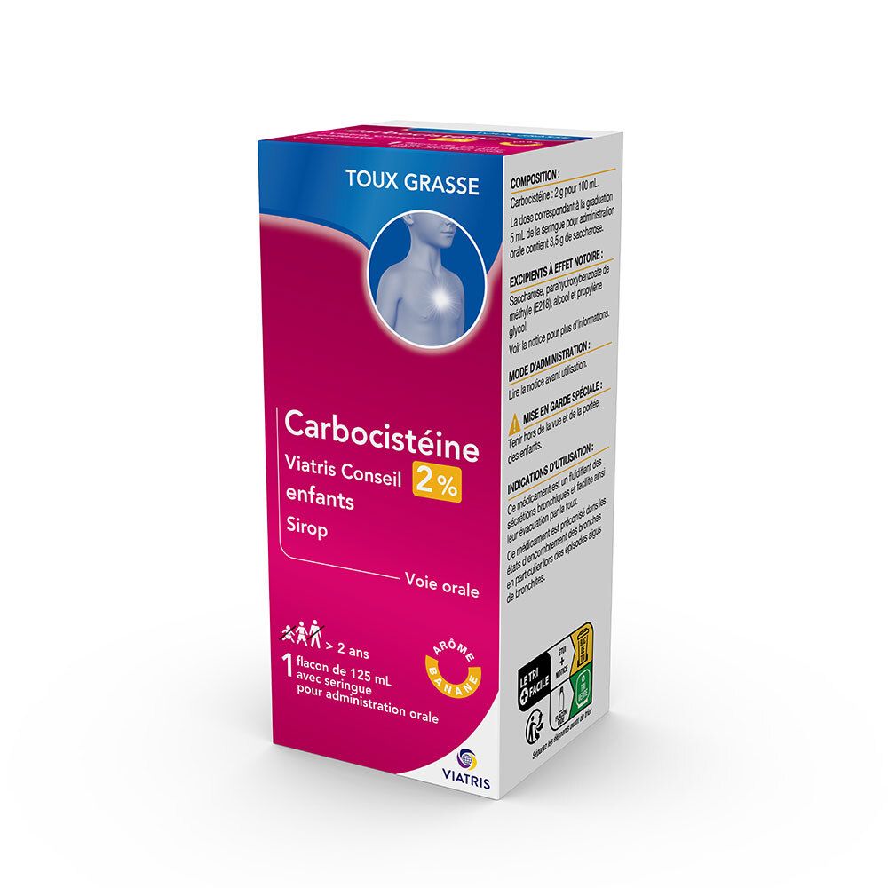 Vue en biais de la boîte de Carbocistéine Viatris Conseil 2% enfants Sirop. Informations sur la composition et l'utilisation.