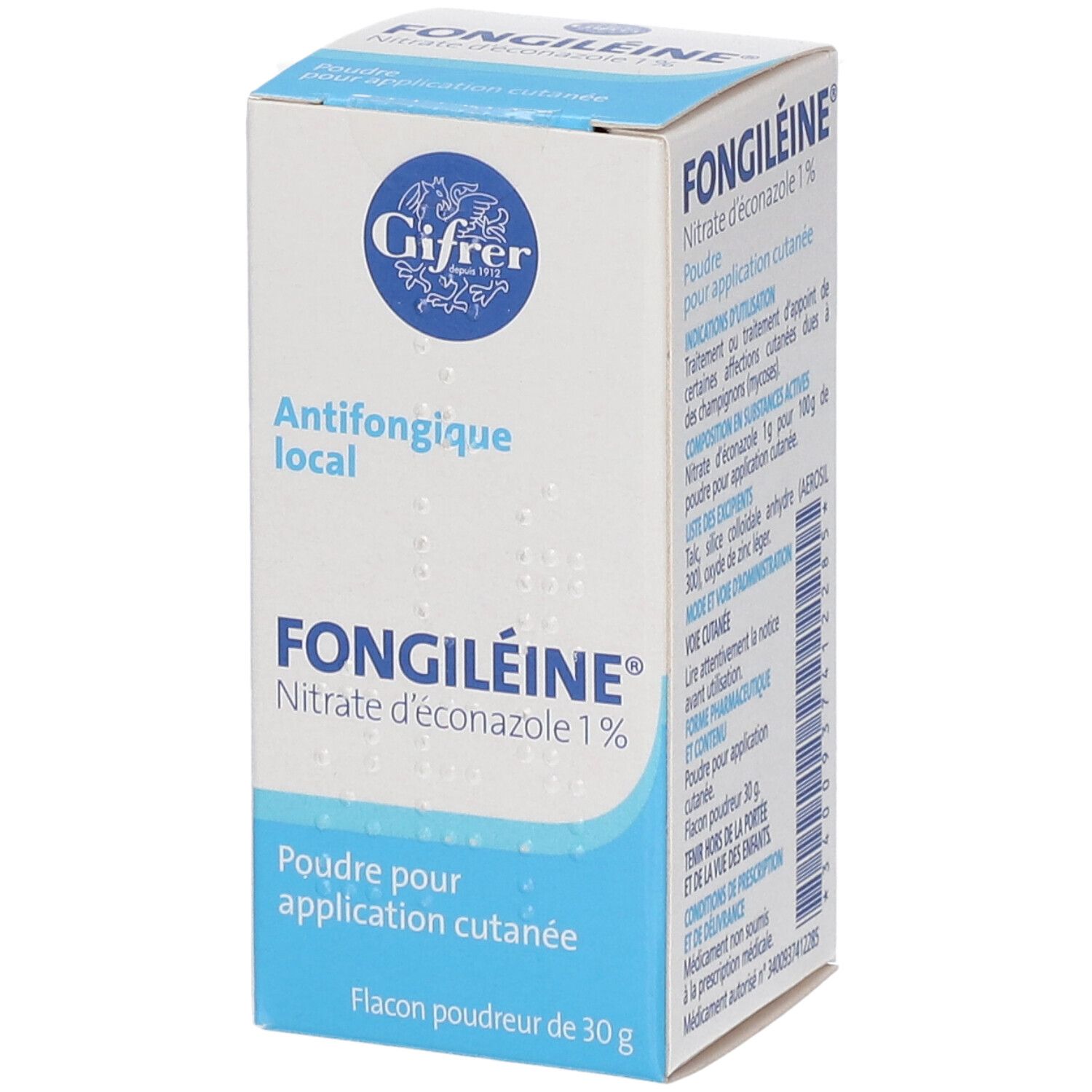 Boîte blanche et bleue. Inscription: FONGILÉINE, antifongique local, Nitrate d'éconazole 1%. Flacon poudreur 30g.