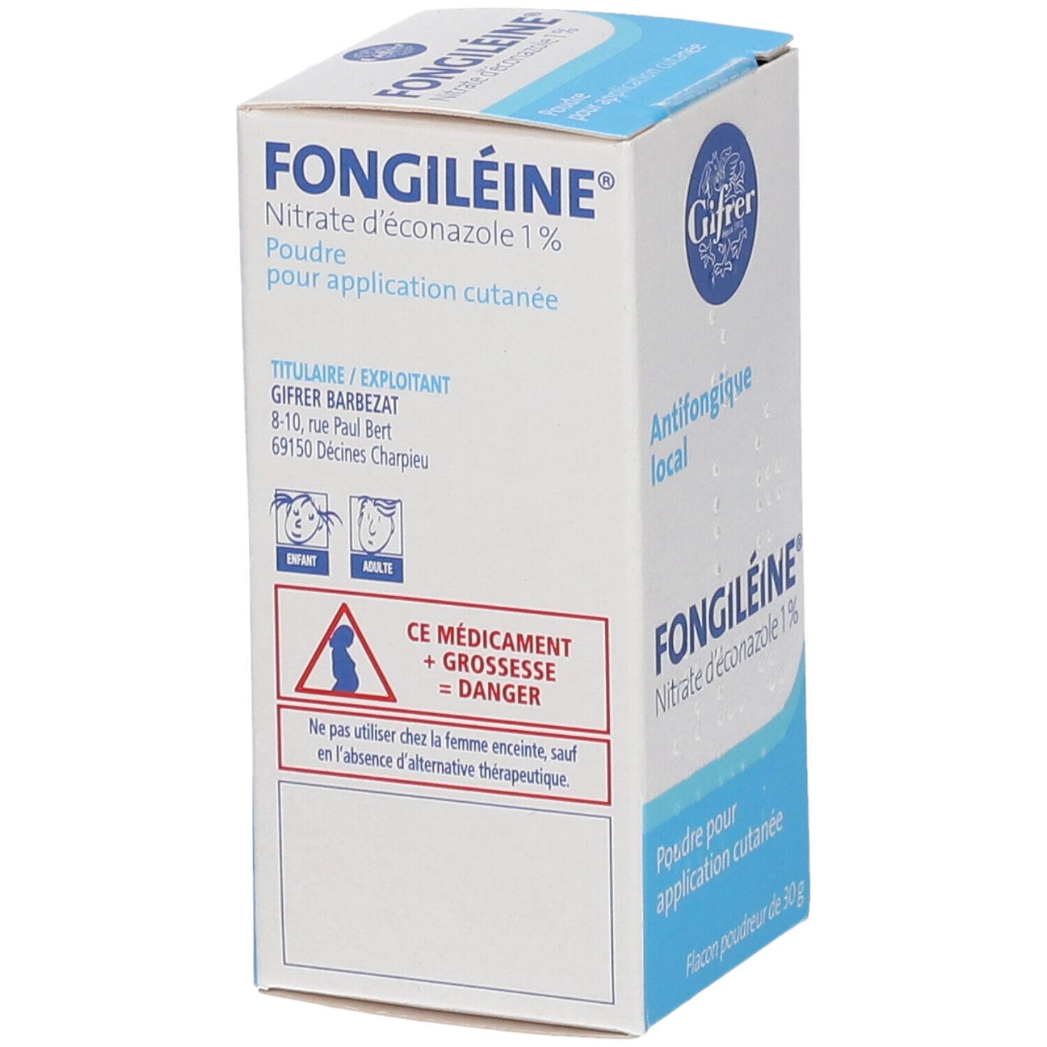 Boîte blanche et bleue. Inscription: FONGILÉINE, antifongique local, Nitrate d'éconazole 1%. Avertissement pour femmes enceintes.