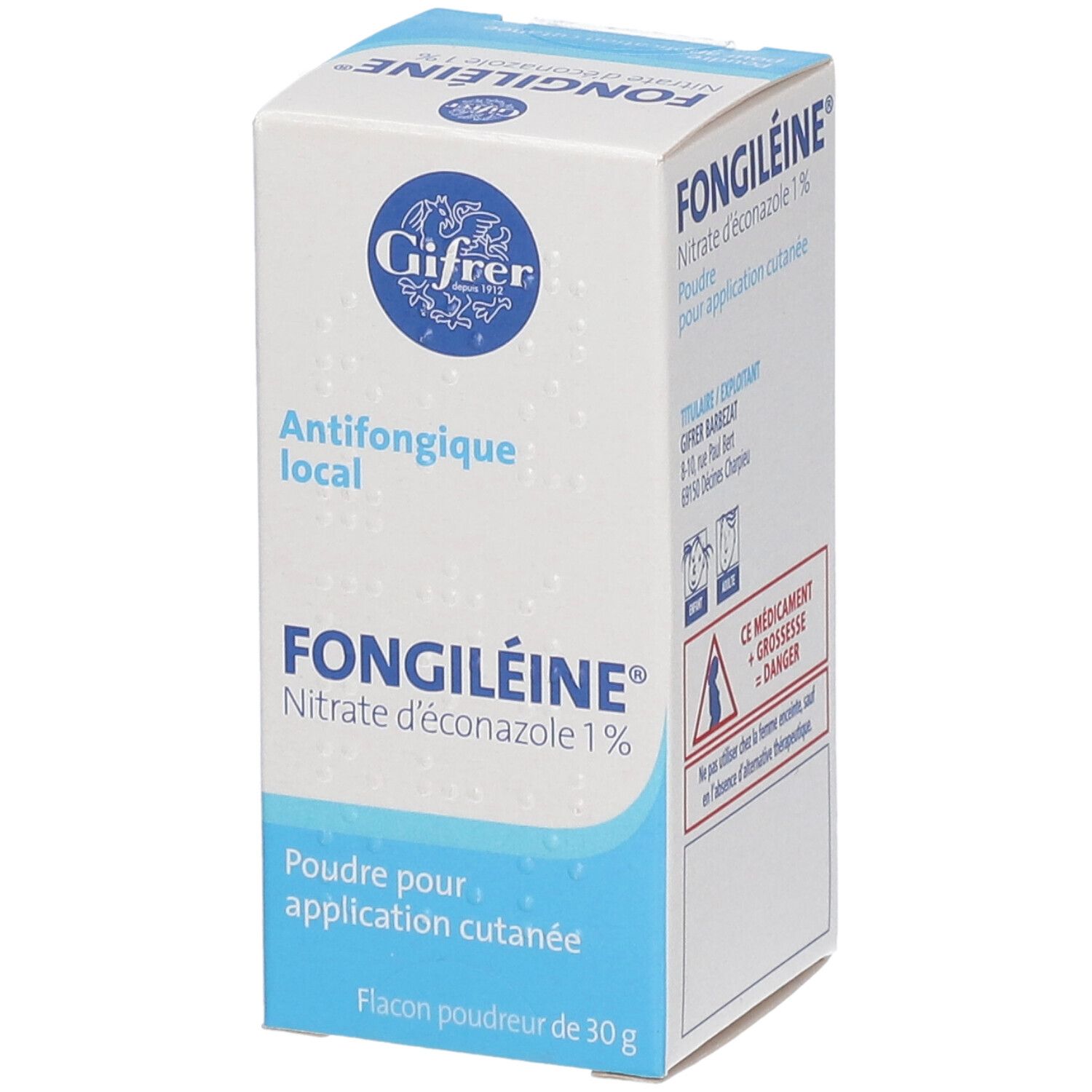 Boîte blanche et bleue. Inscription: FONGILÉINE, antifongique local, Nitrate d'éconazole 1%. Logo Giffer.