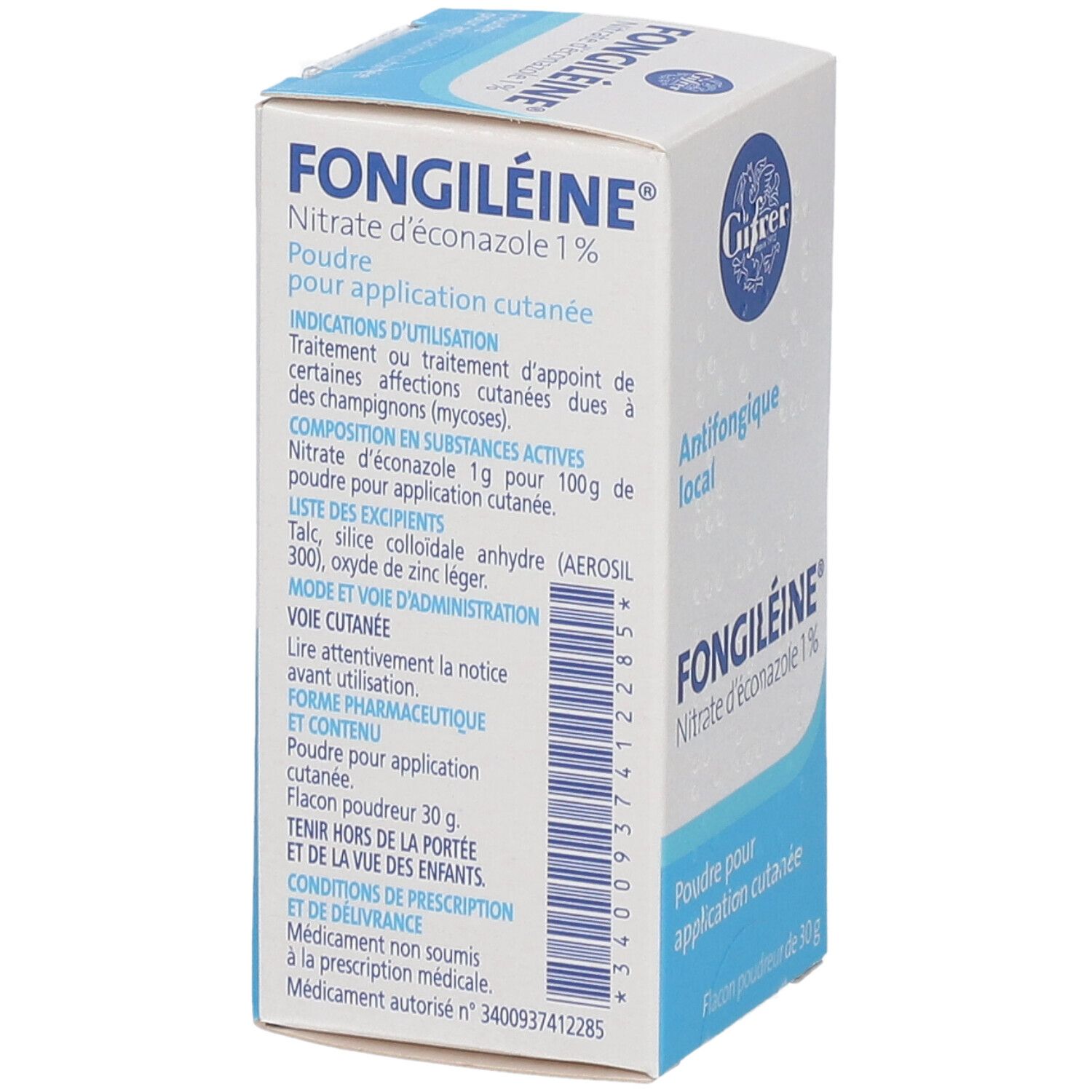 Boîte blanche et bleue. Inscription: FONGILÉINE, antifongique local, Nitrate d'éconazole 1%. Texte avec instructions d'utilisation.