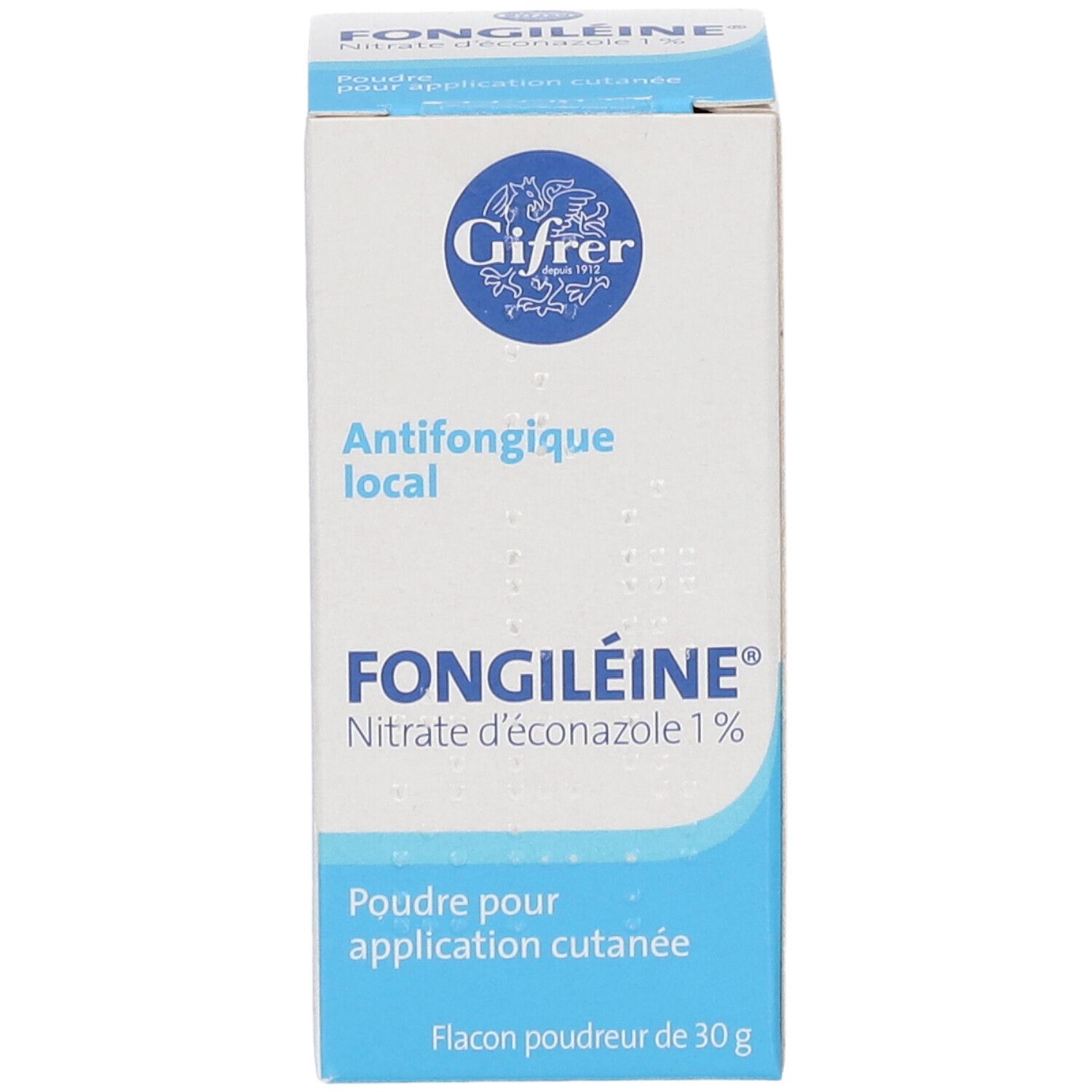 Boîte blanche et bleue. Inscription: FONGILÉINE, antifongique local, Nitrate d'éconazole 1%. Logo Giffer.